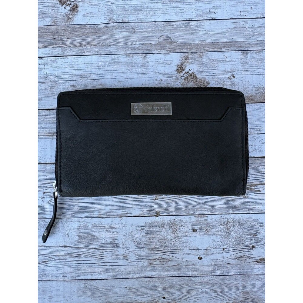 Valenchi Black Leather Zip Around Travel Clutch Wallet